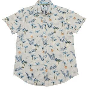 Denim & Flower Shirt Mens Small Blue White Button Up Tropical Print Casual Beach